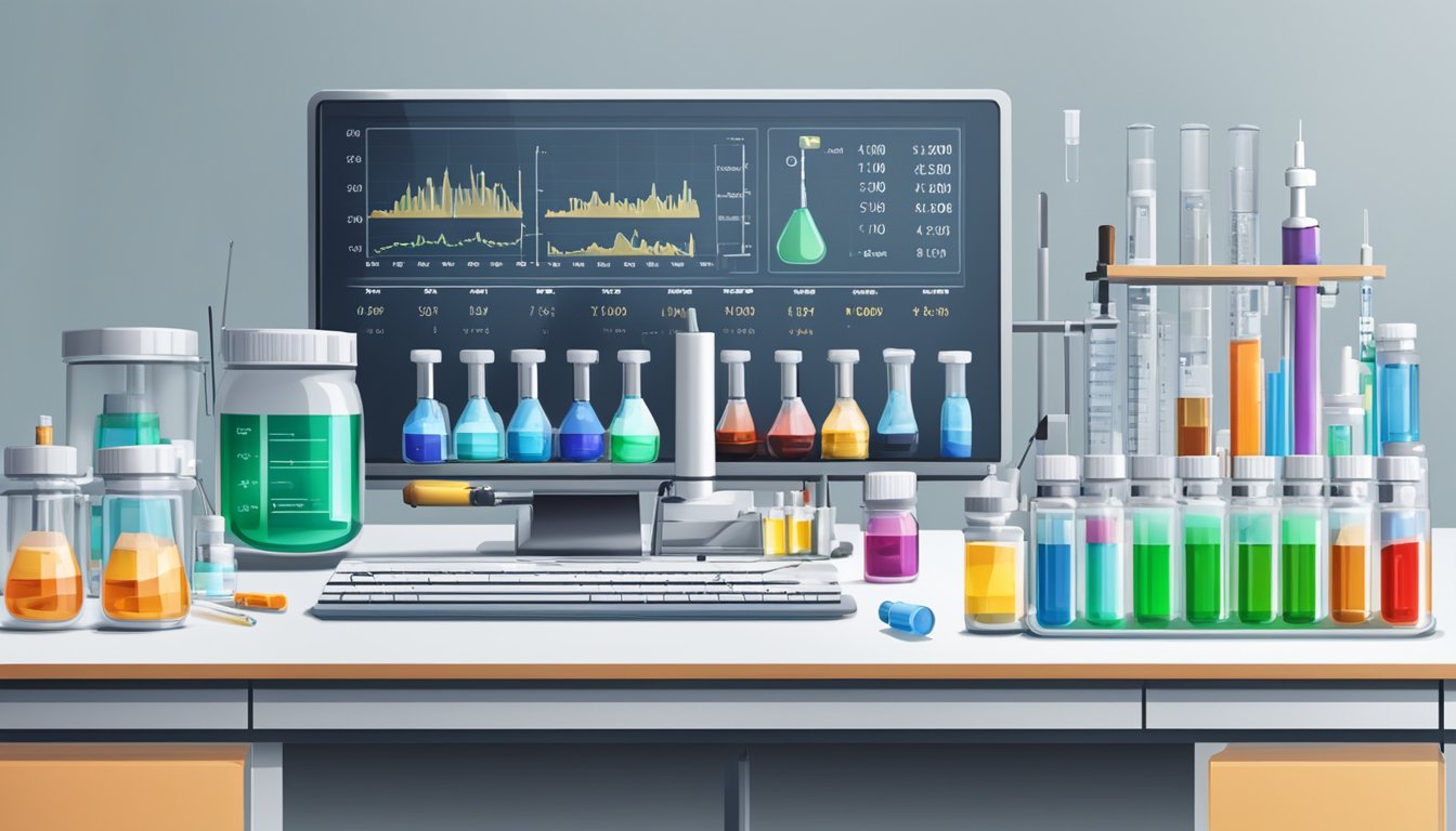 A laboratory table with various vials and syringes, alongside scientific equipment and a computer displaying data on different weight loss injections