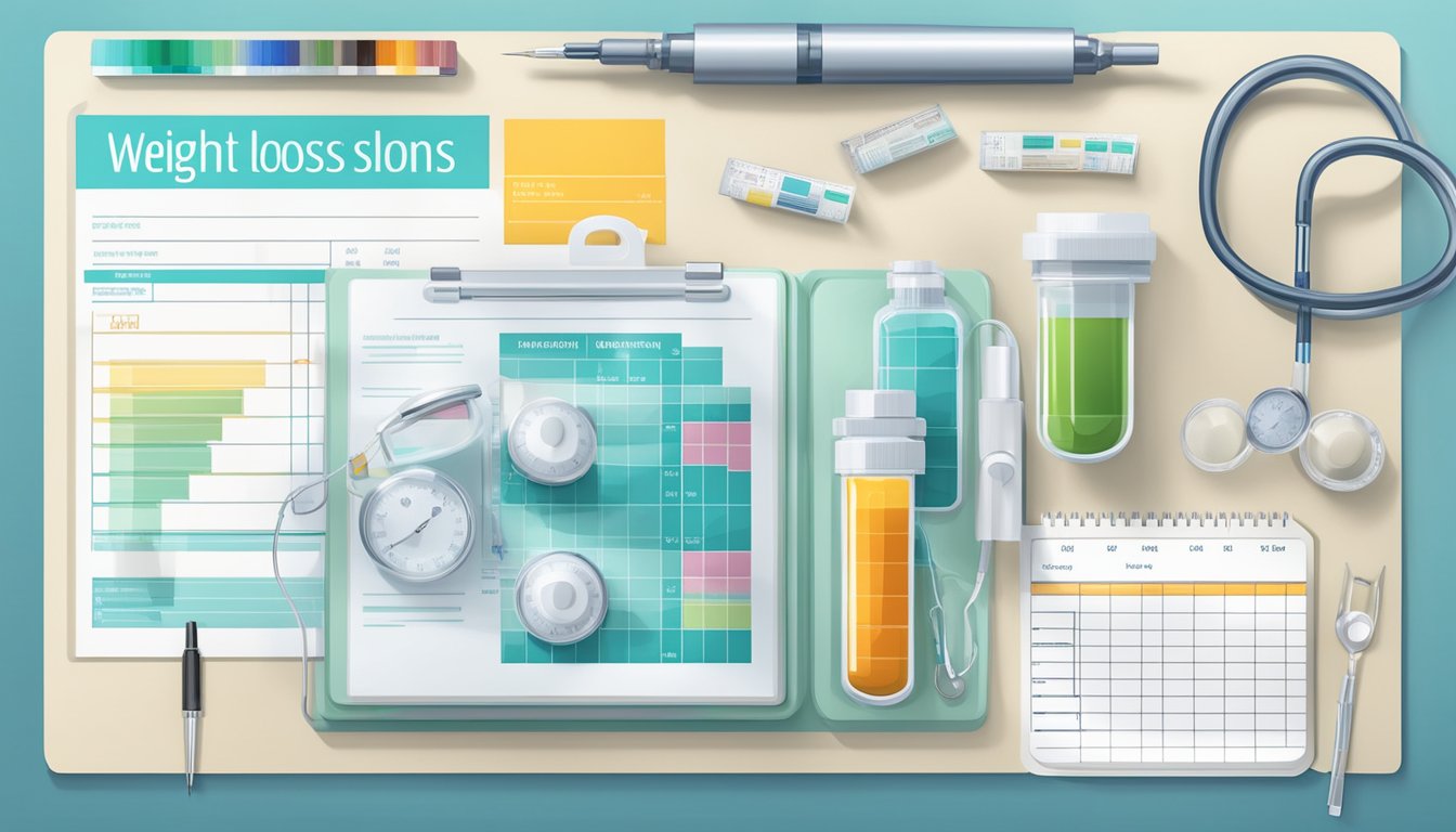 A vial of weight loss injections surrounded by medical equipment and a nutrition chart