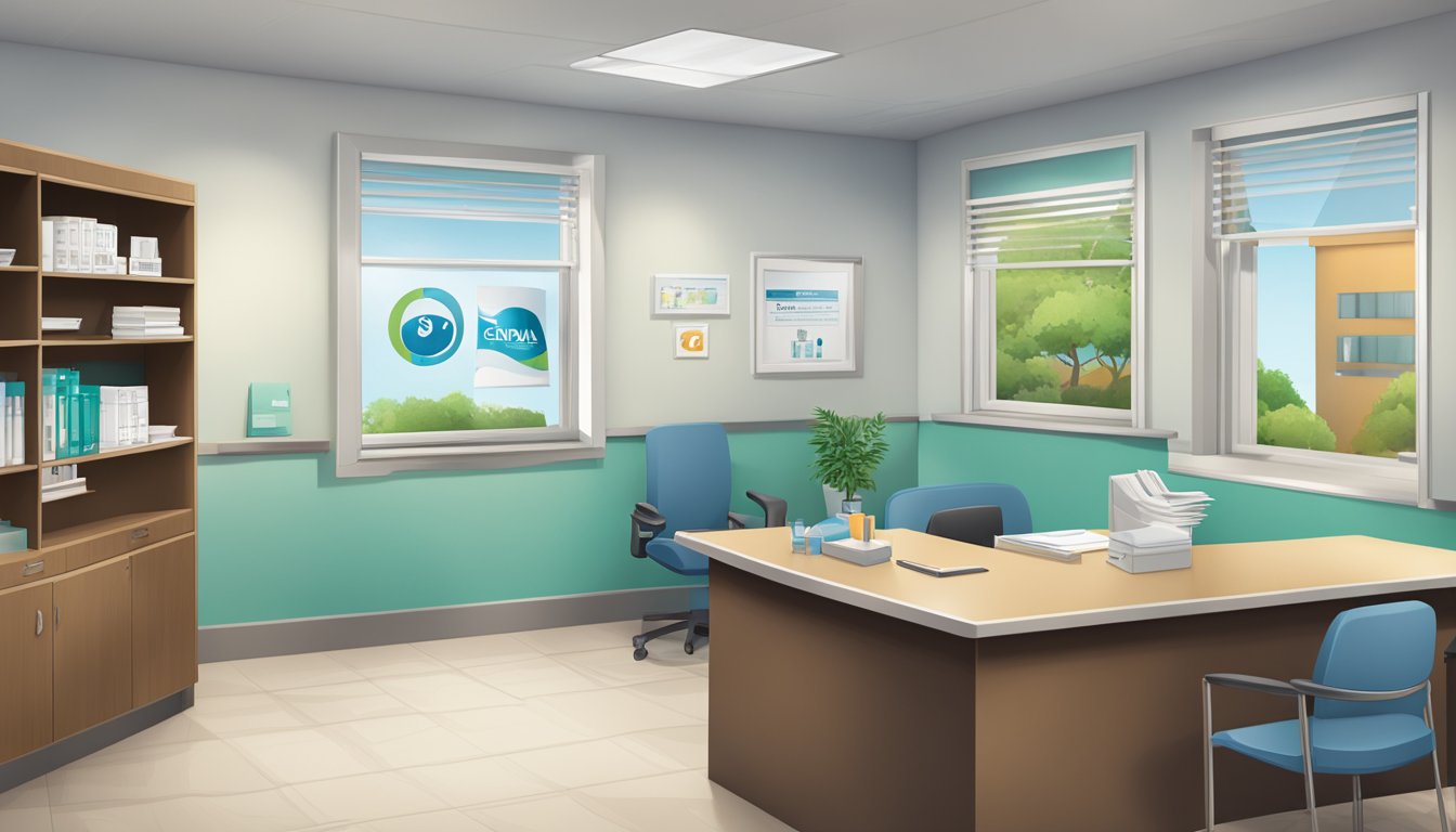 A doctor's office with a Cigna logo on the wall, a pamphlet about weight loss treatments, and a syringe on the desk