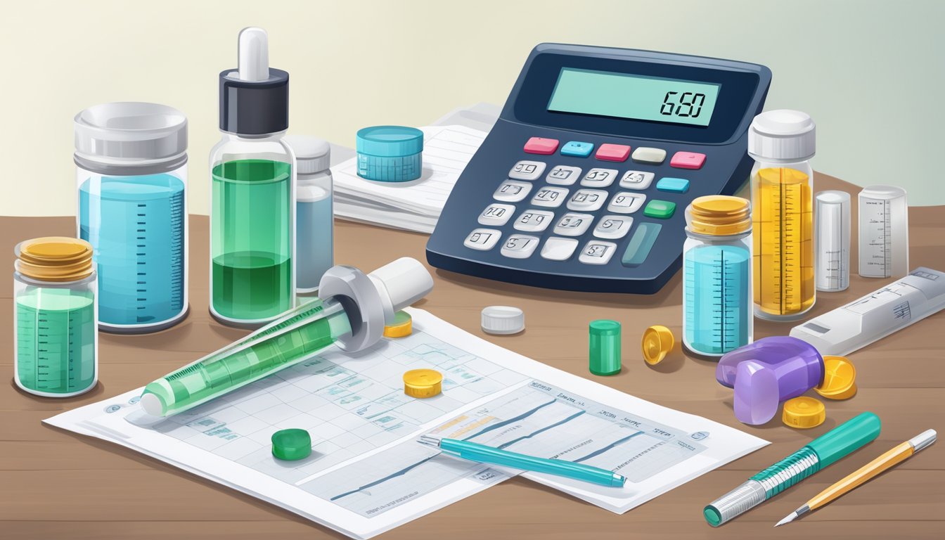 A doctor's office with vials of weight loss injections on a table, alongside a price list and a calculator