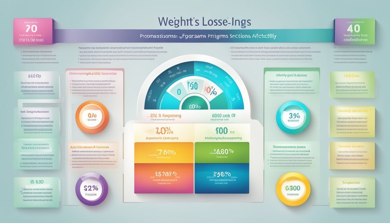 A colorful chart displaying various pricing options for weight loss injections, with labels and percentages indicating affordability programs and discount options