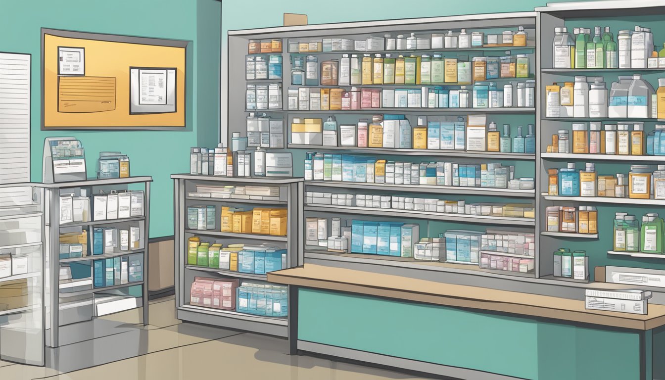 A pharmacy counter with weight loss injections on display, alongside price tags and prescription forms