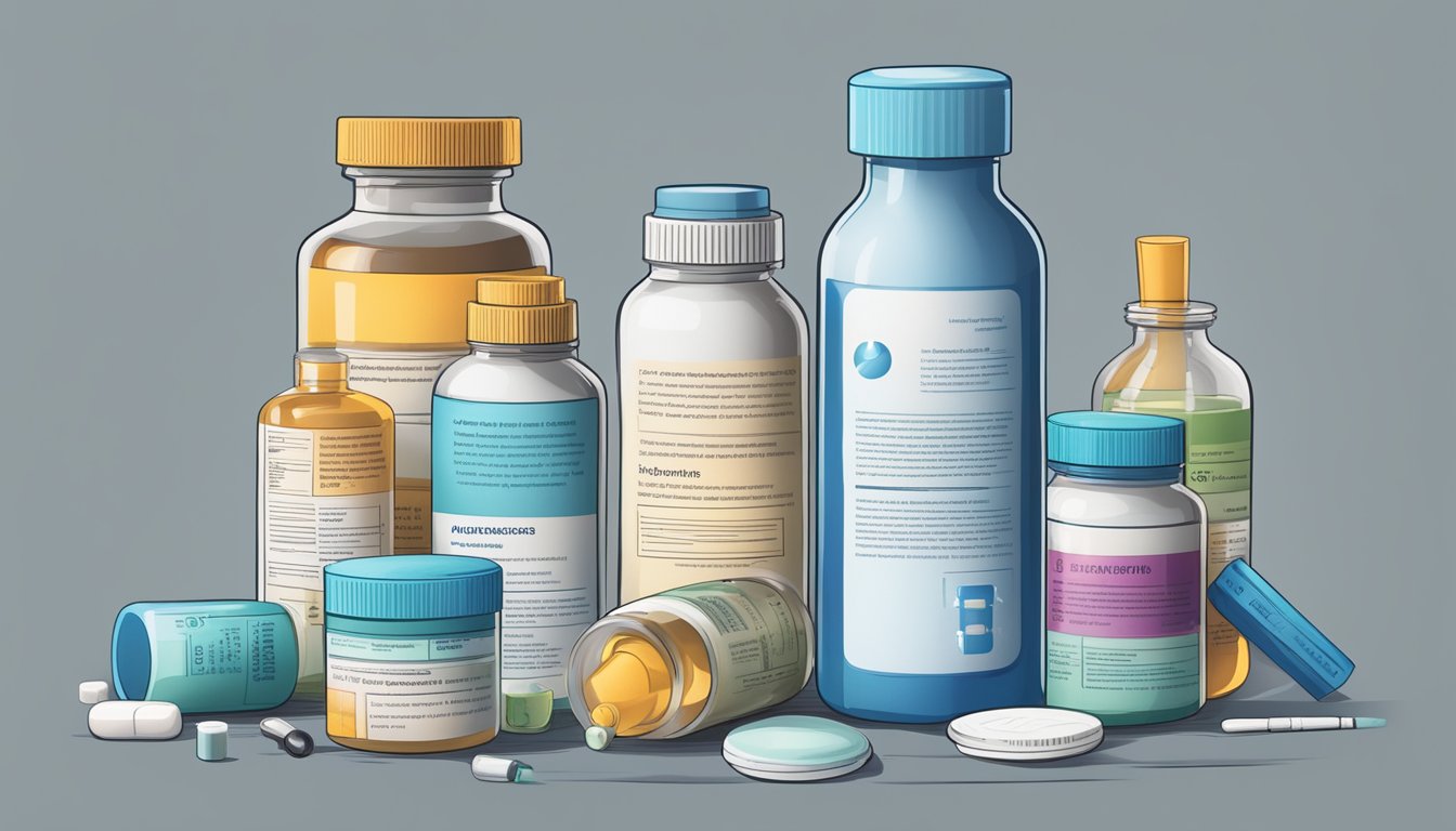 A medicine bottle surrounded by various other prescription bottles and a list of potential side effects and interactions