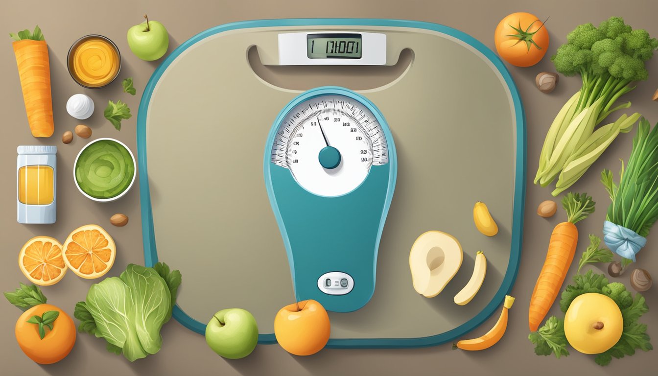 A scale surrounded by healthy food and exercise equipment