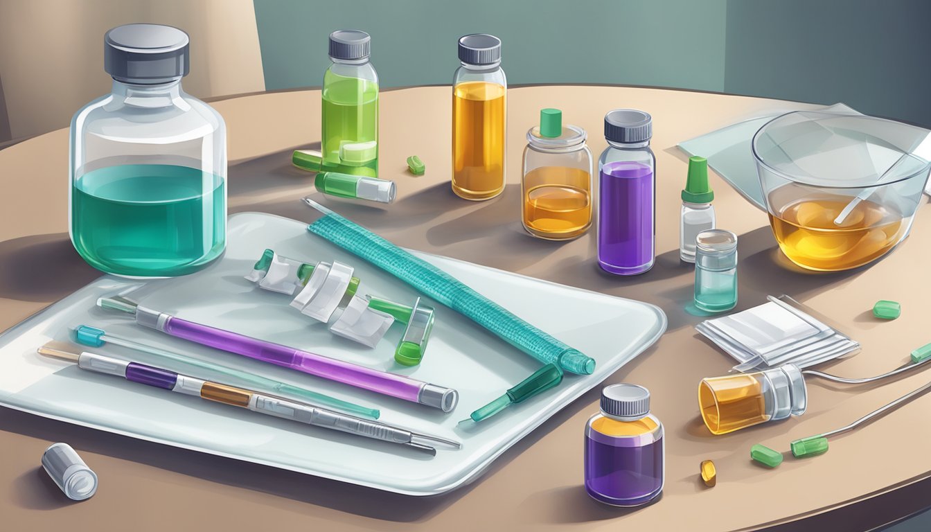 A table with vials, syringes, and alcohol wipes set out for at-home weight loss injections