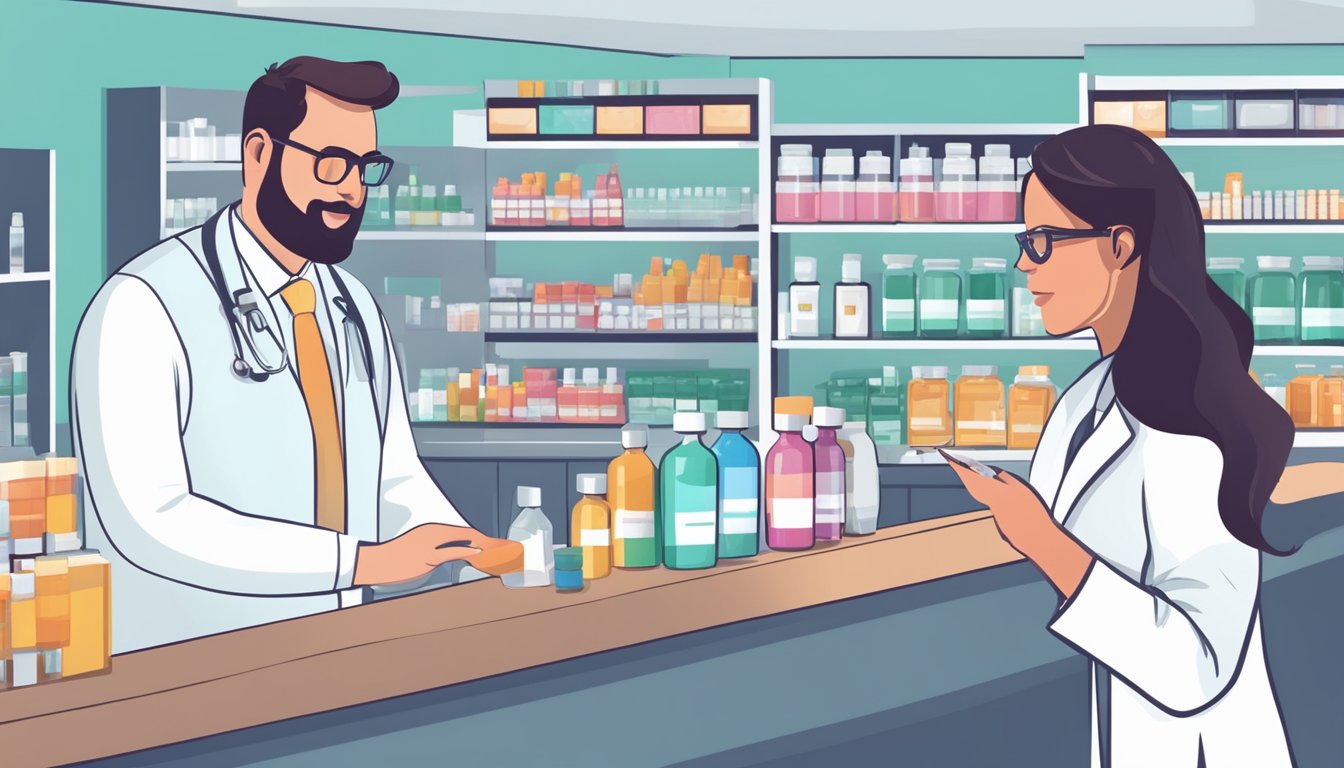 A pharmacist handing a vial of weight loss injections to a customer at the counter