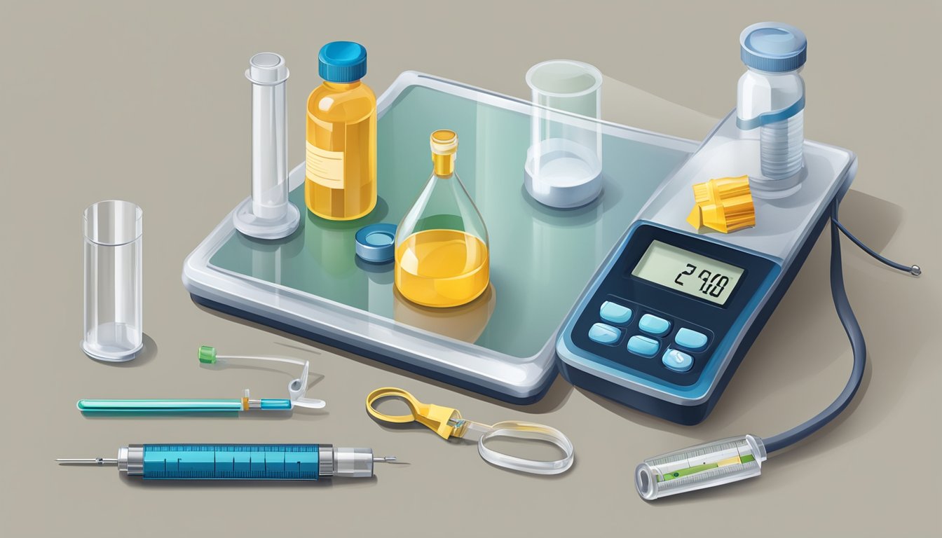 A table with a vial, syringe, and needle next to a scale and measuring tape