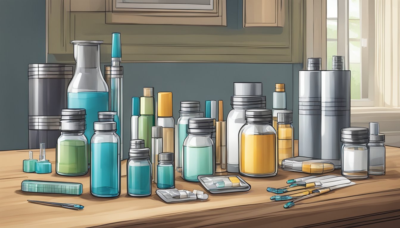 A home setting with a table displaying vials, syringes, and medical supplies for administering weight loss injections