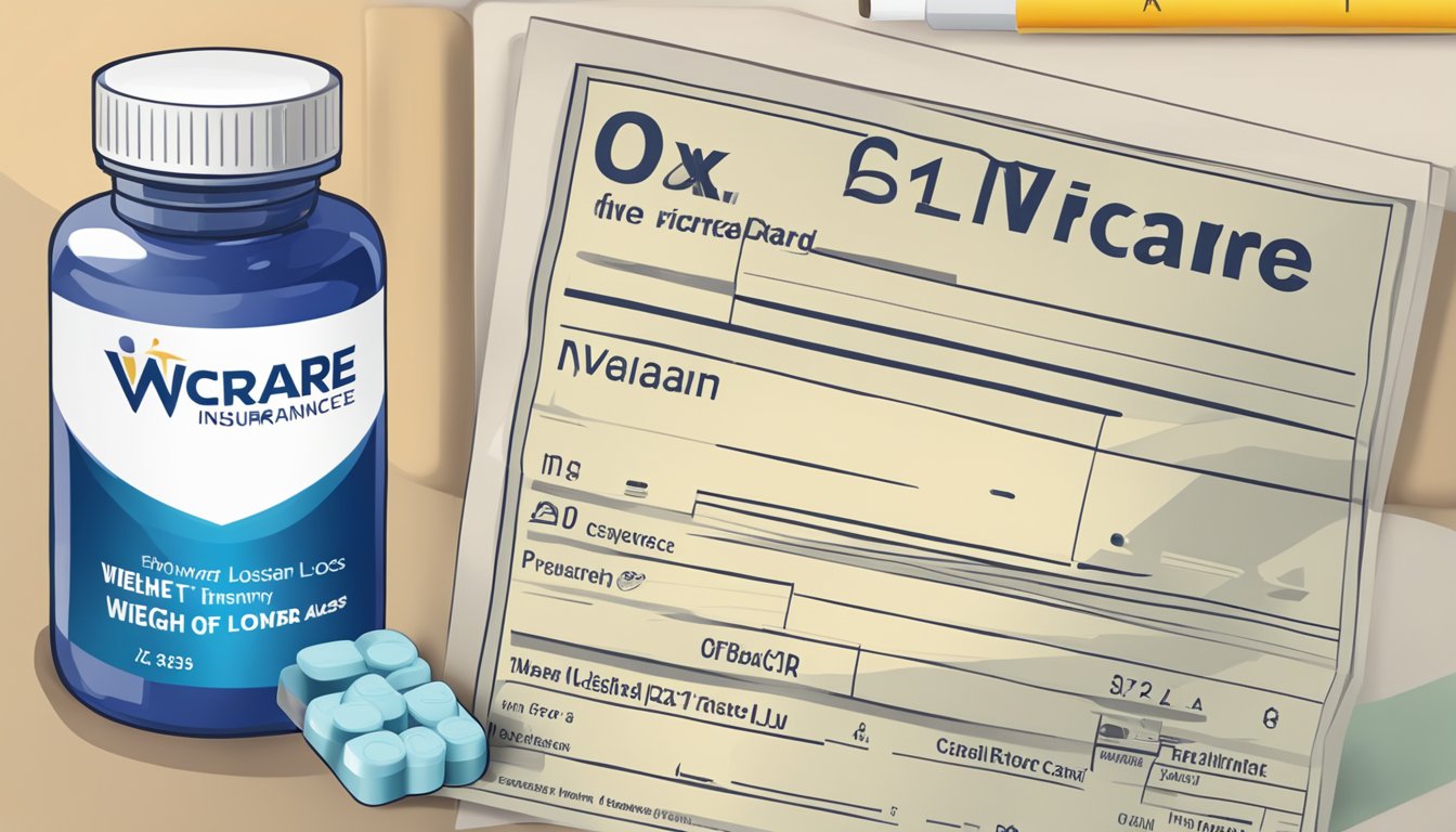 A bottle of weight loss medication next to a Tricare insurance card