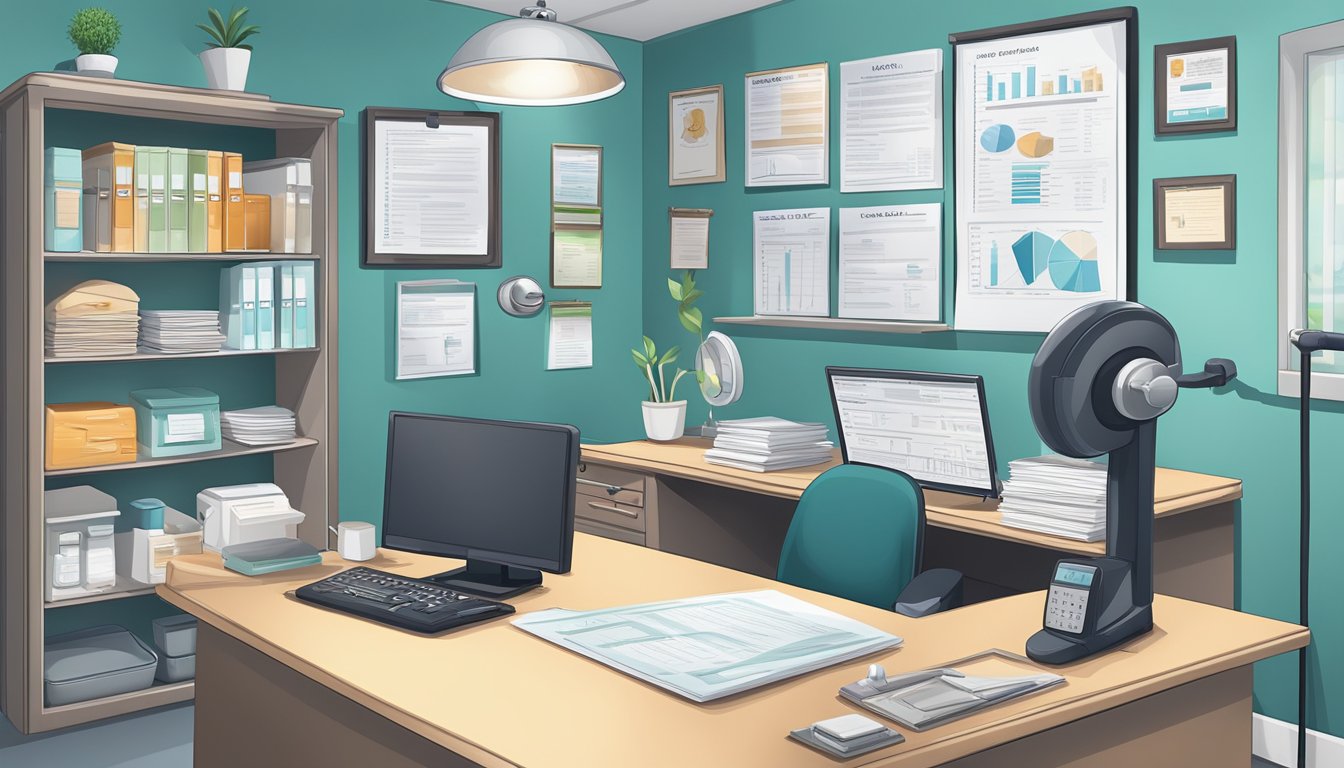 A doctor's office with a desk, computer, and medical supplies. A poster on the wall lists coverage criteria for weight loss injections