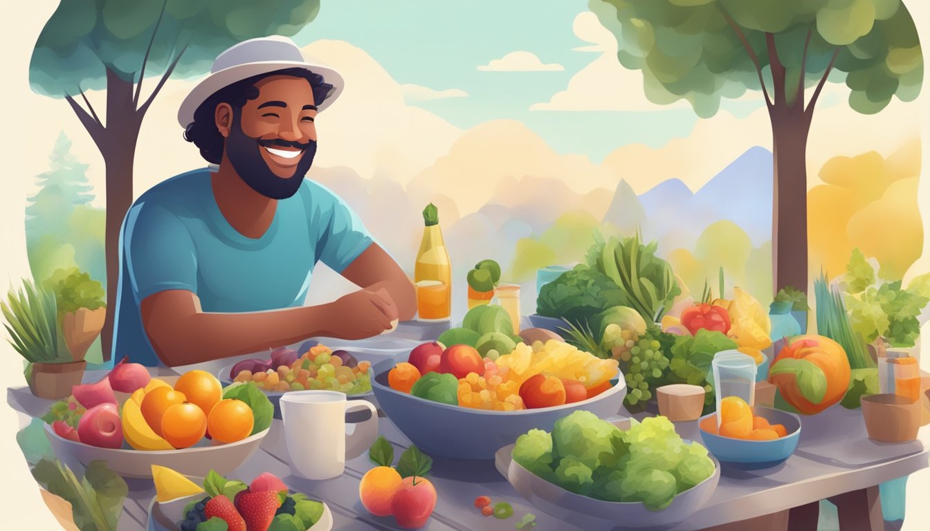 A smiling figure enjoying outdoor activities, surrounded by healthy food and a supportive social network