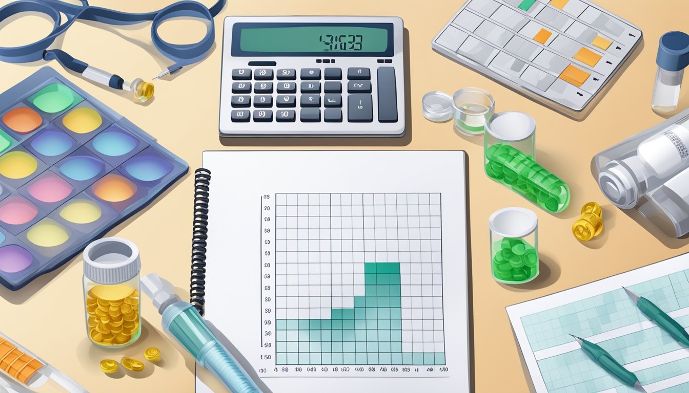 A table with vials of weight loss injections, a calculator, and price charts