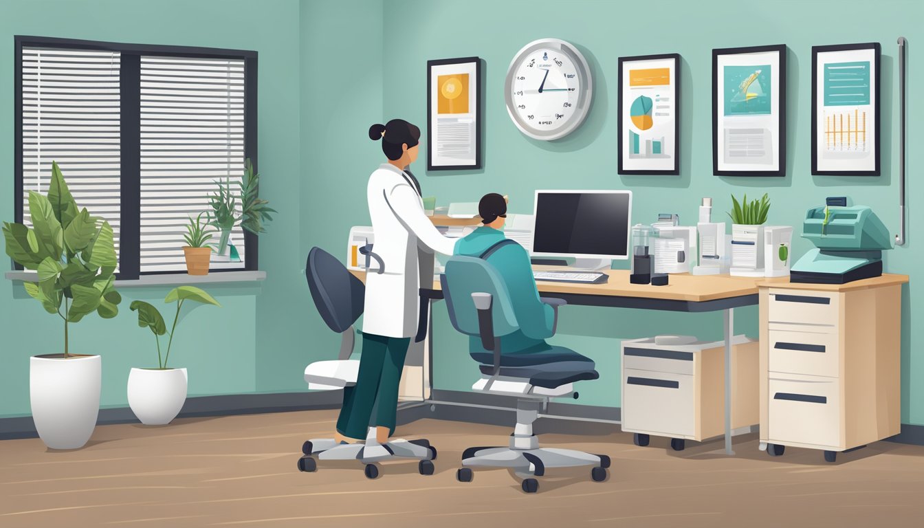 A doctor's office with a desk, computer, and medical equipment. A poster on the wall shows the benefits of semaglutide weight loss injections