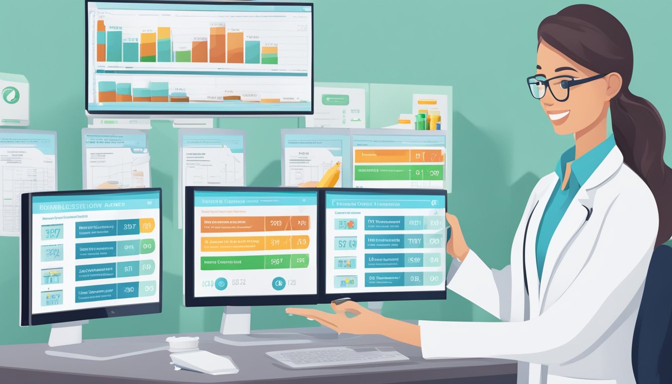 A pharmacist presenting vials of weight loss injections with a price list and insurance coverage options displayed on a computer screen