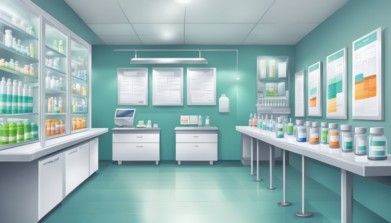 A sterile medical clinic with vials, syringes, and a price list for weight loss injections