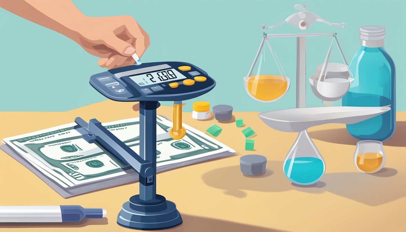 A hand holding a syringe injecting a dollar sign-shaped liquid into a scale, surrounded by payment plan documents and weight loss program materials