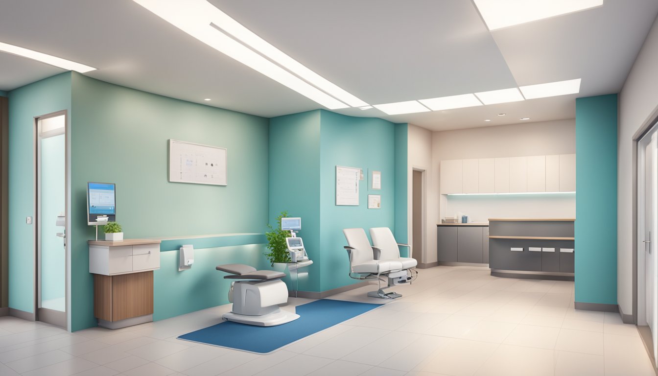 A modern clinic with a welcoming entrance, bright and clean waiting area, and a consultation room with medical equipment