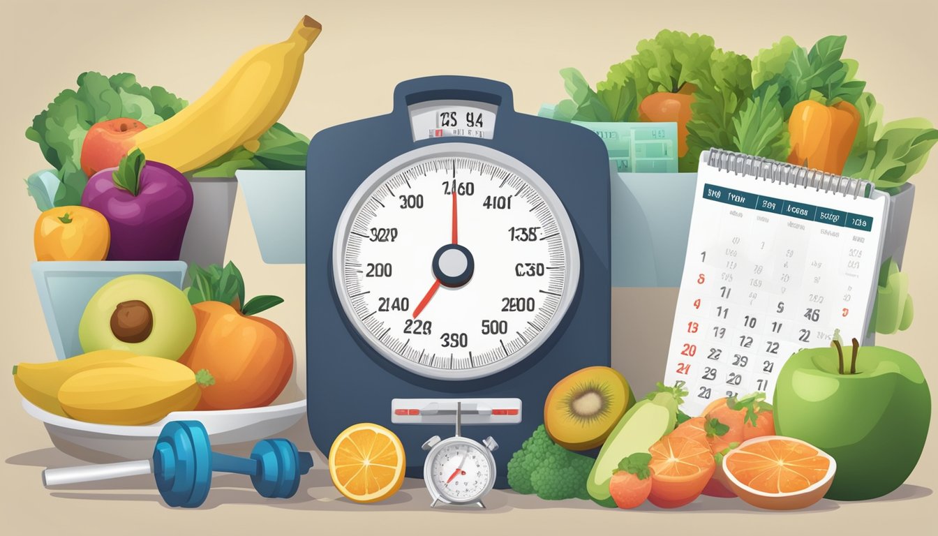 A scale surrounded by healthy food and exercise equipment, with a calendar showing monthly payment dates for weight loss injections