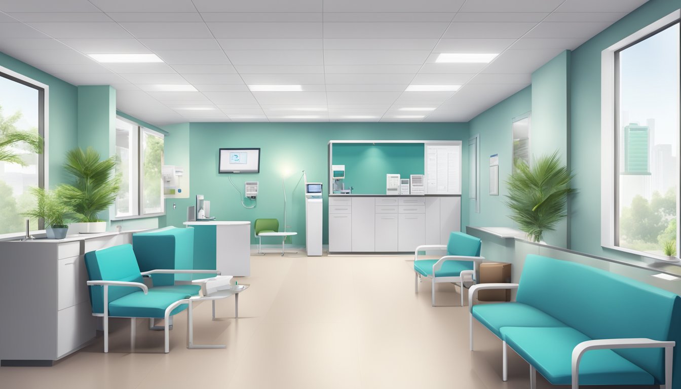 A modern clinic setting with medical equipment, weight loss injection supplies, and a welcoming reception area