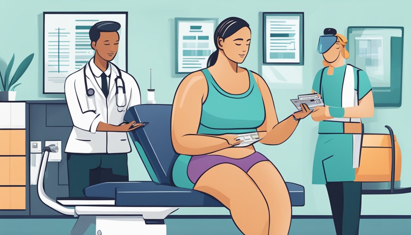 A person receiving weight loss injections while discussing a payment plan with a healthcare professional in a modern clinic setting