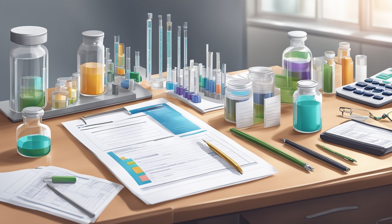 A clinical research lab setting with vials of weight loss injections and regulatory documents on a desk