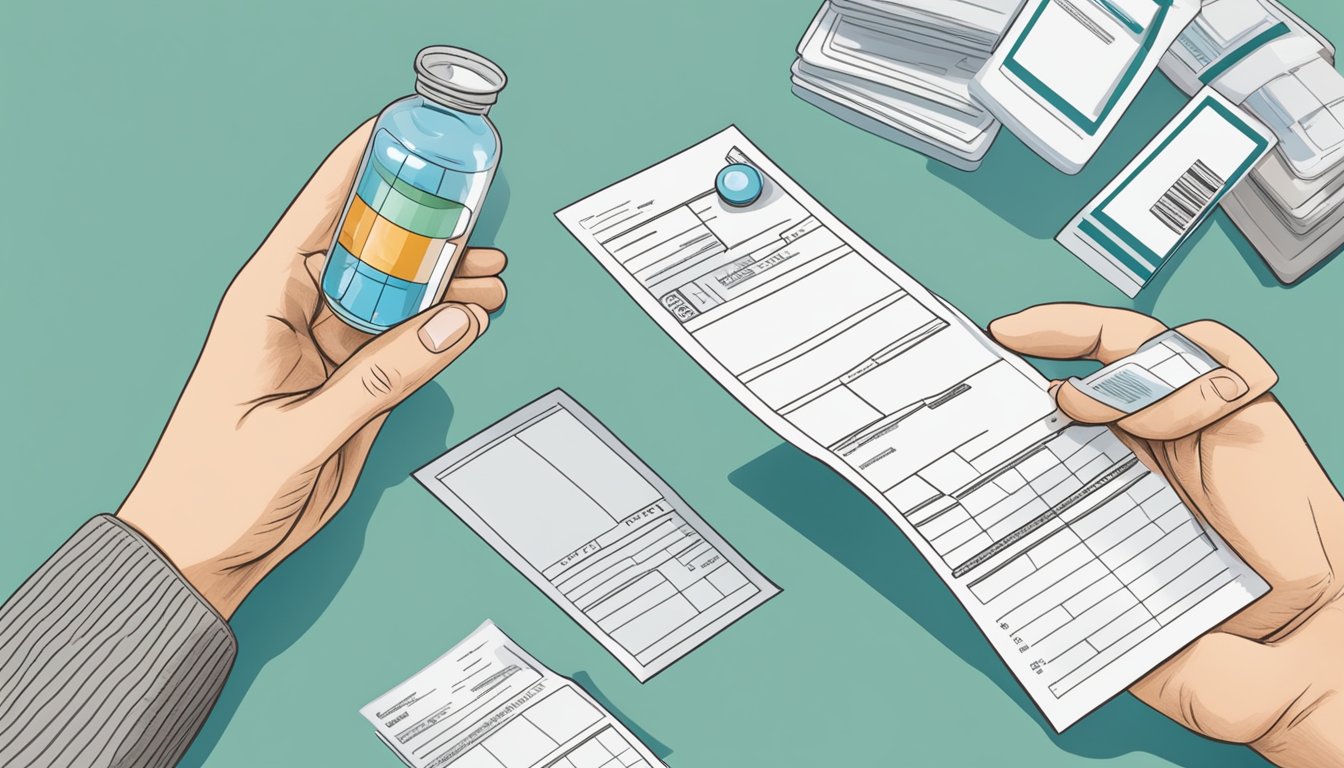 A hand reaching for a vial of weight loss medication, surrounded by a Medicaid card and prescription pad