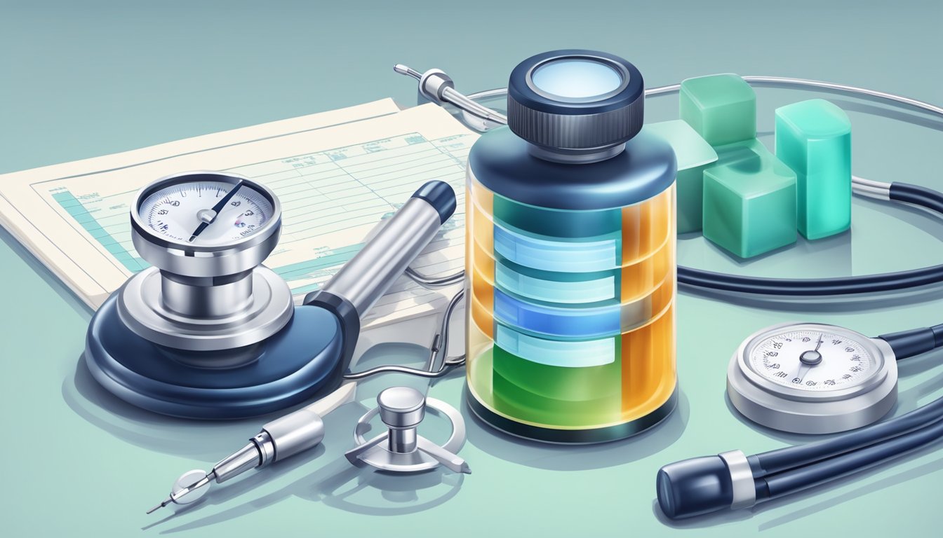 A vial of weight loss injections surrounded by medical equipment and a doctor's stethoscope