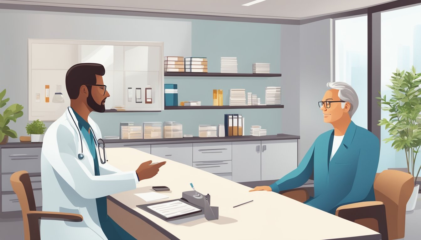 A doctor discussing weight loss drug coverage with a patient in a clinic office