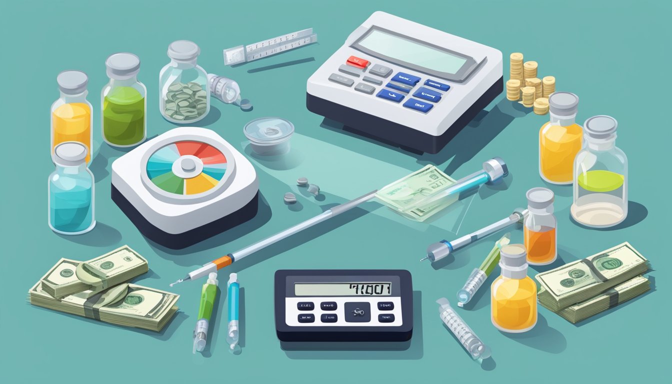 A scale surrounded by vials and syringes, with a calculator and money symbolizing the cost of weight loss injections