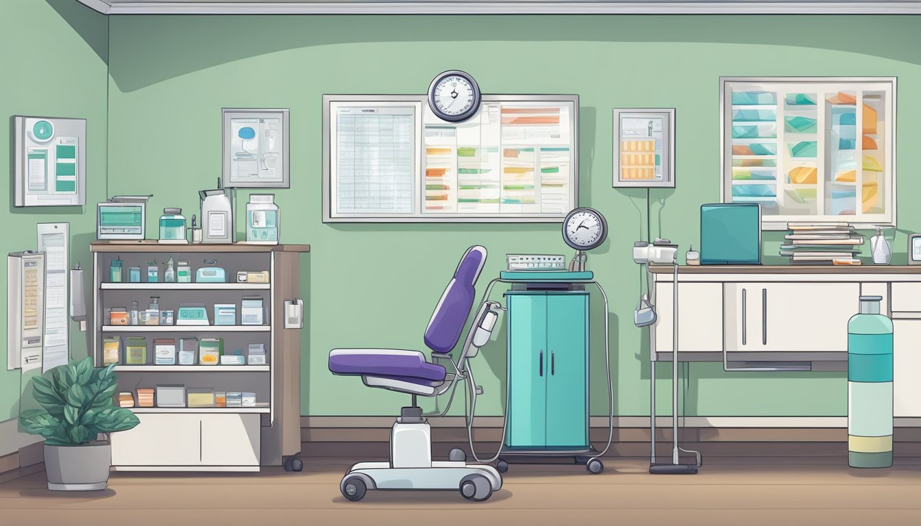 A doctor's office with a scale, medical supplies, and a poster about weight loss injections