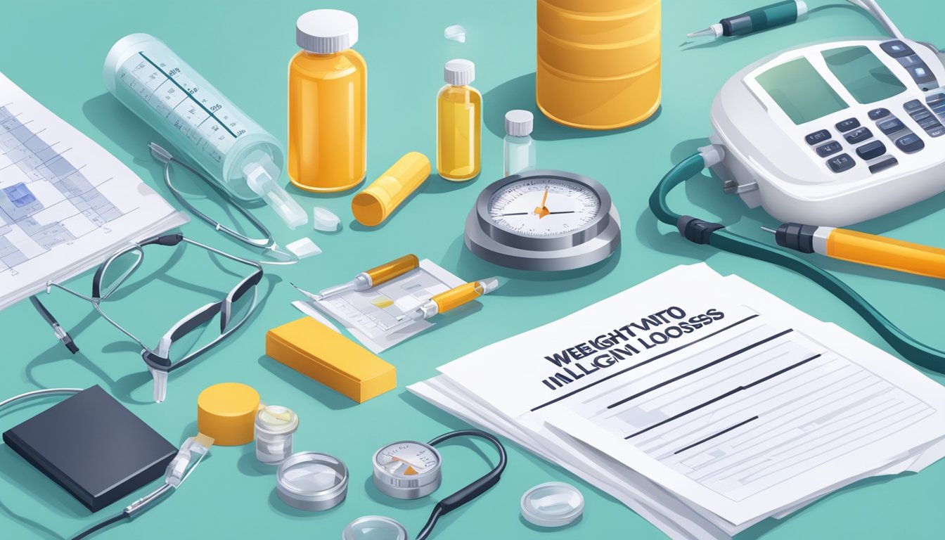 A vial of weight loss injection surrounded by medical equipment and paperwork