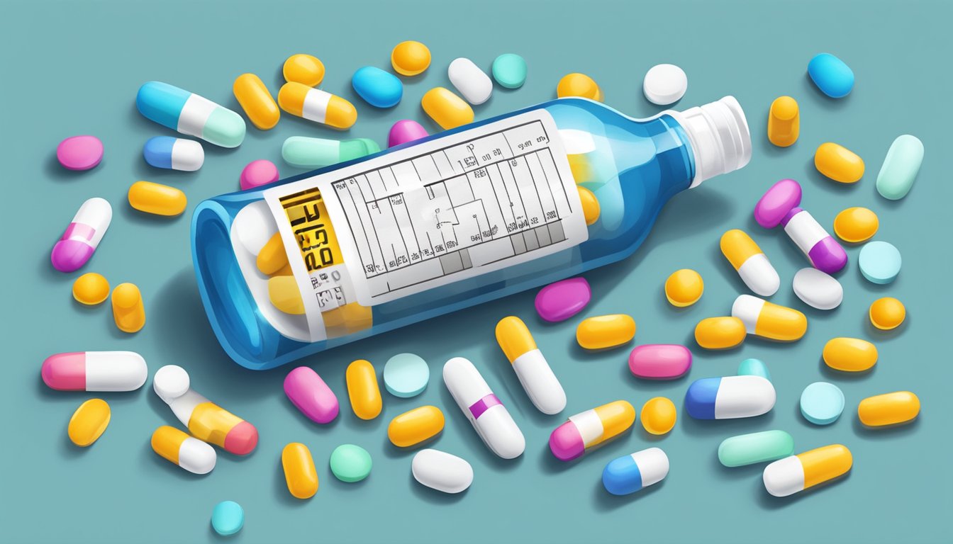 A bottle of weight loss injections surrounded by scattered pills and a measuring tape