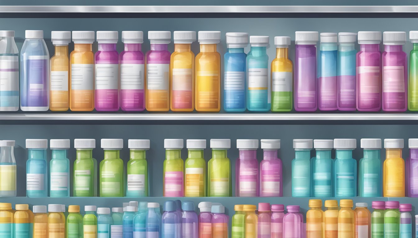 A colorful display of weight loss injection vials and packaging on a pharmacy shelf