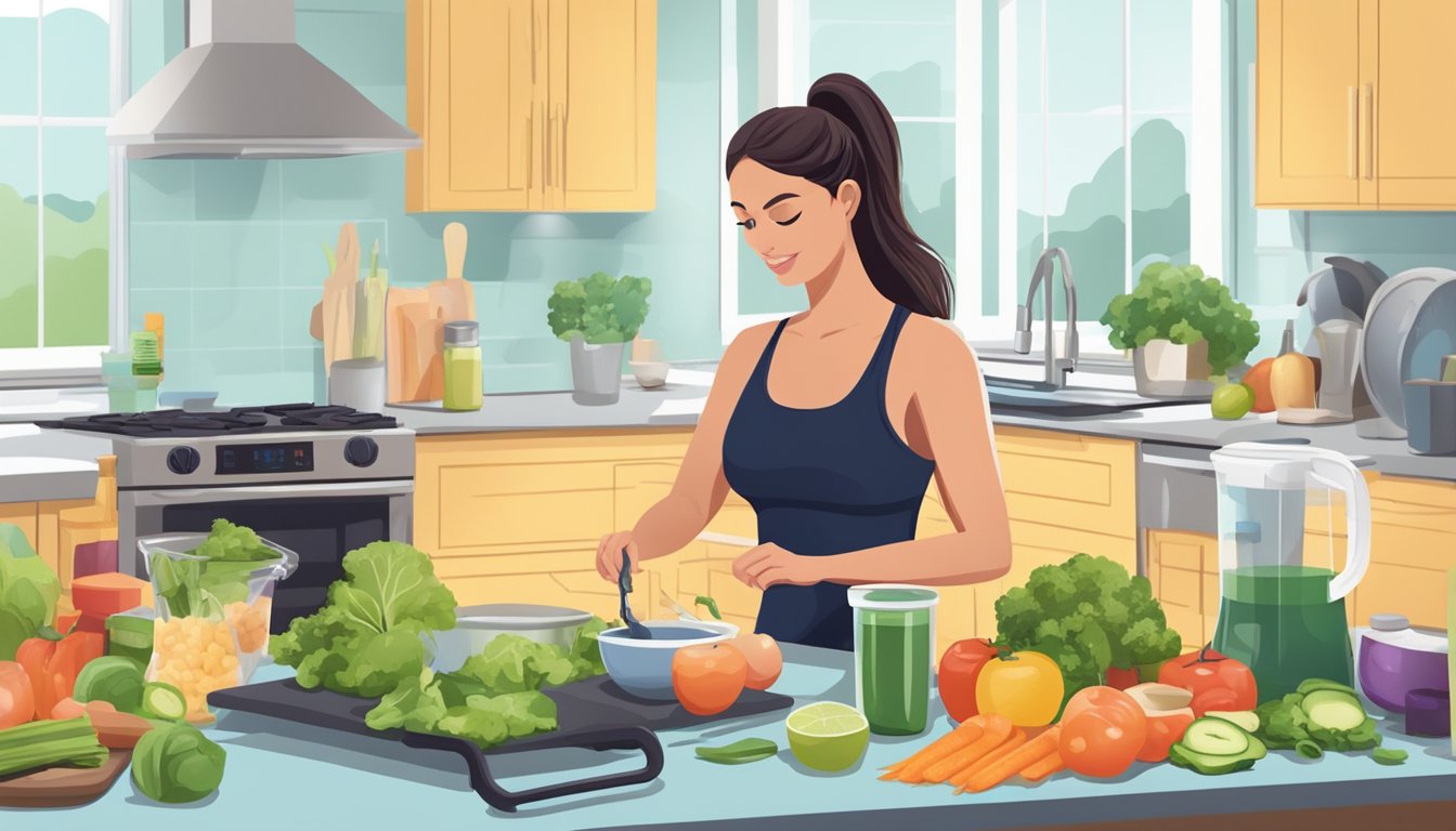 A woman preparing a healthy meal while surrounded by exercise equipment and a bottle of weight loss injections on the kitchen counter