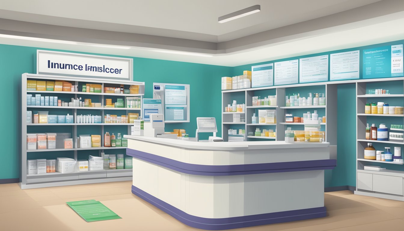 A pharmacy counter with a variety of weight loss injections displayed, alongside insurance information and accessible payment options