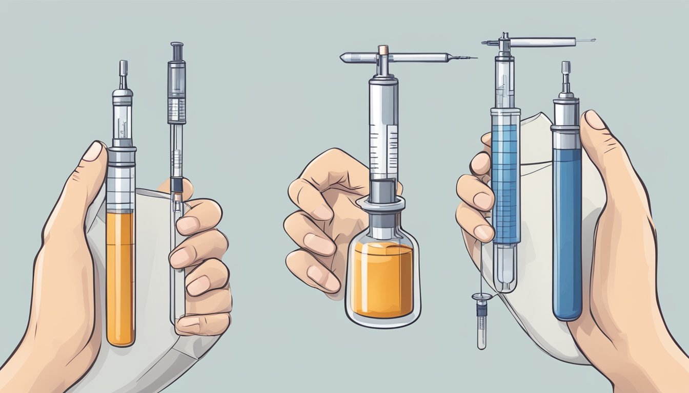 A hand holding a vial and syringe, with a small needle inserted into the vial, and a dosage being drawn up into the syringe