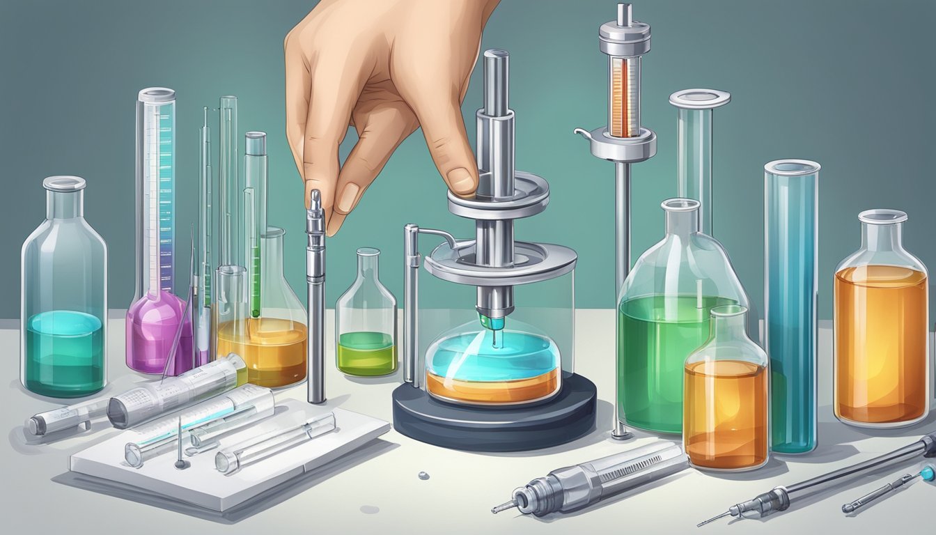 A syringe injecting a liquid into a vial, surrounded by scientific equipment and diagrams