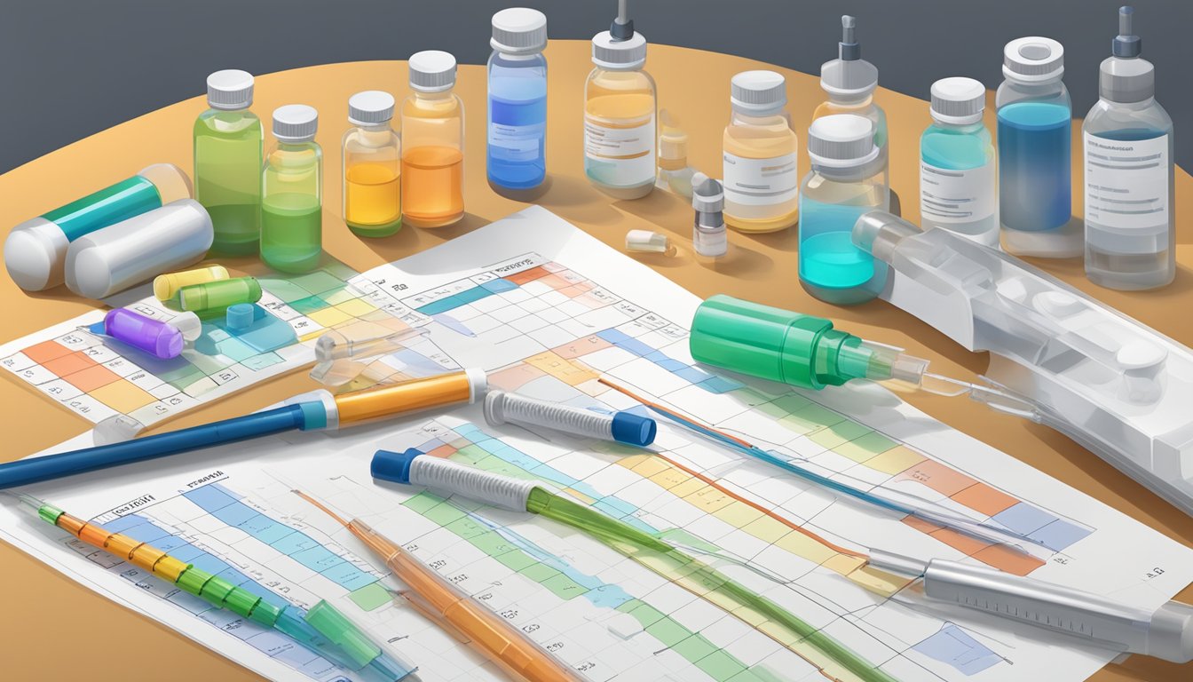 A table with vials, syringes, and dosage charts for non-prescription weight loss injections