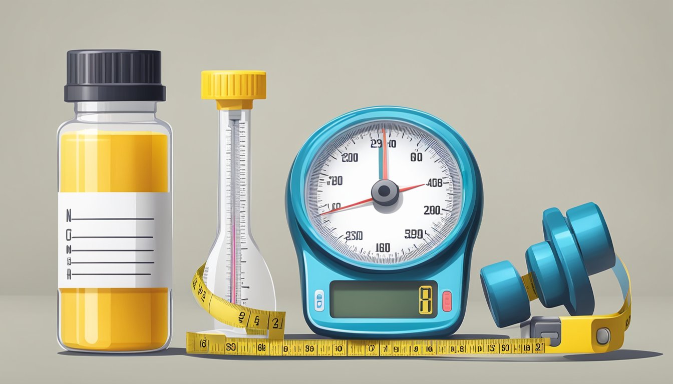 A bottle of non-prescription weight loss injections next to a measuring tape and a scale