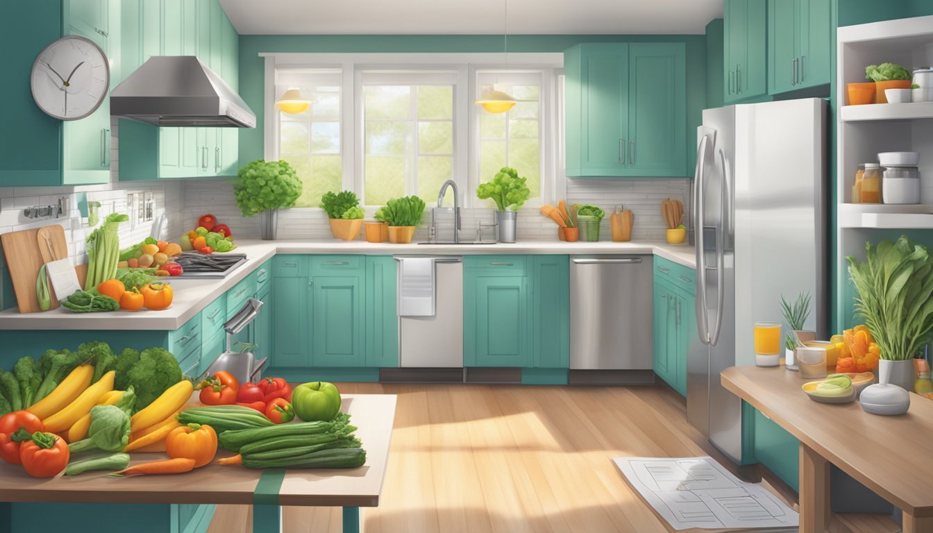 A vibrant kitchen with fresh produce, exercise equipment, and a calendar marking daily injections