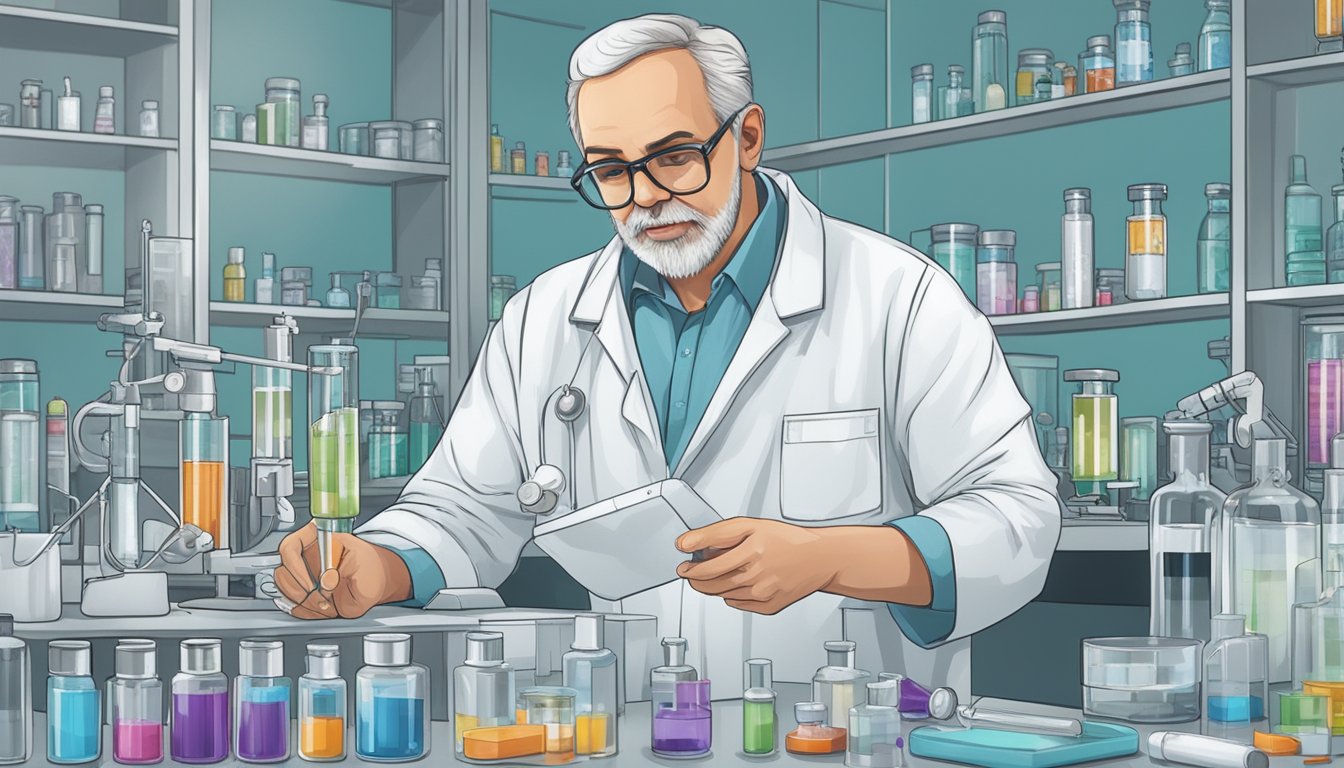 A white-coated researcher in a lab, surrounded by vials, syringes, and scientific equipment, conducting tests on non-prescription weight loss injections