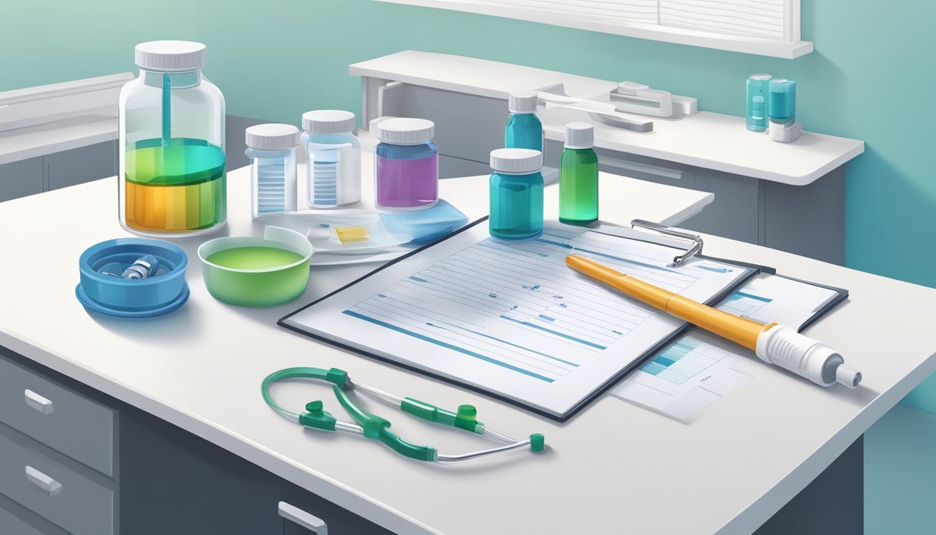 A doctor's office with a vial and syringe on a clean, white countertop, surrounded by medical equipment and a chart showing weight loss progress