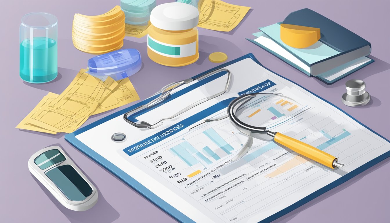 A vial of weight loss injection surrounded by insurance documents and cost factor charts