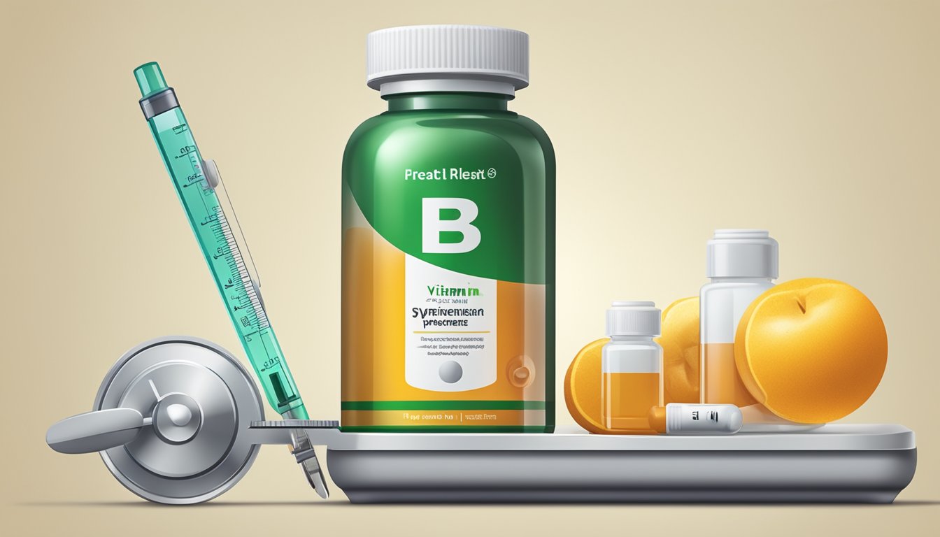 A bottle of vitamin B supplements next to a scale and a syringe