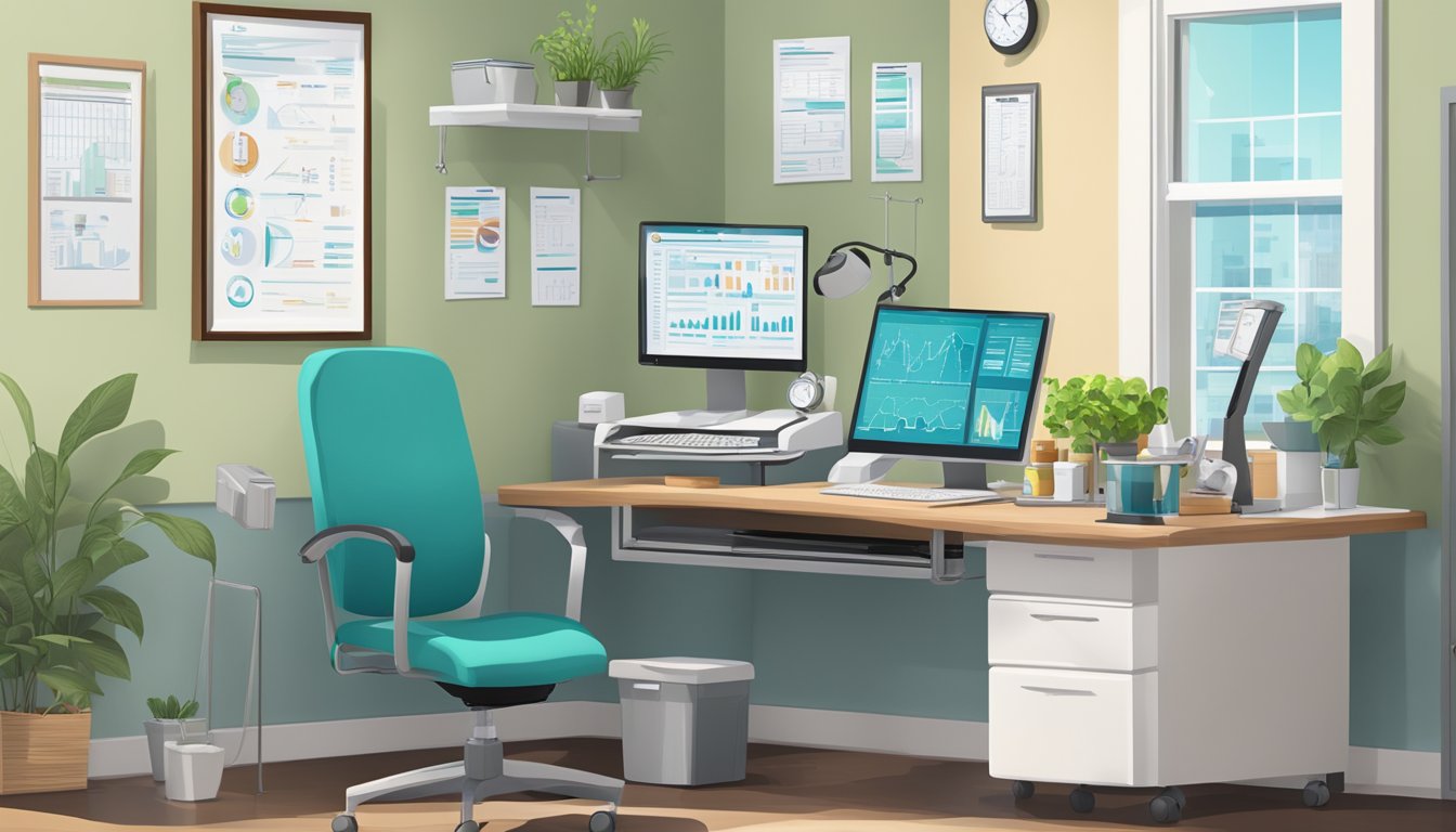 A doctor's office with a desk cluttered with medical charts and a computer, a scale in the corner, and a poster on the wall promoting healthy lifestyle choices