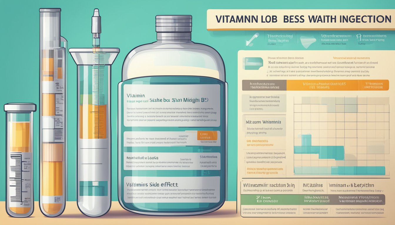 A sterile medical vial with a syringe filled with vitamin B weight loss injection, surrounded by safety information and potential side effects