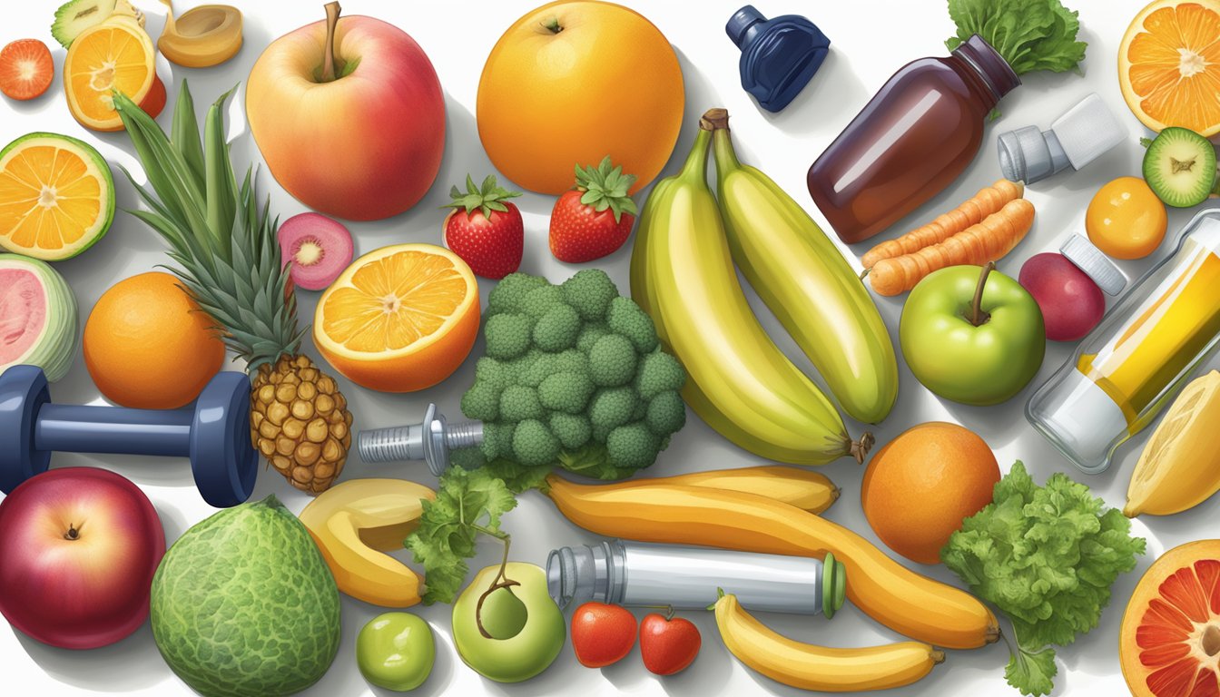 A vibrant array of fruits, vegetables, and exercise equipment, with a bottle of vitamin B injections as the focal point