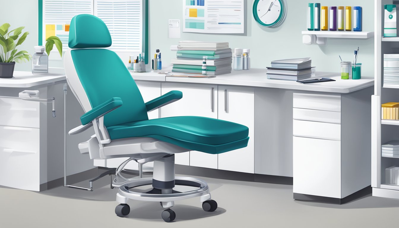 A doctor's office with a vial and syringe on a clean, white surface, surrounded by medical equipment and documents