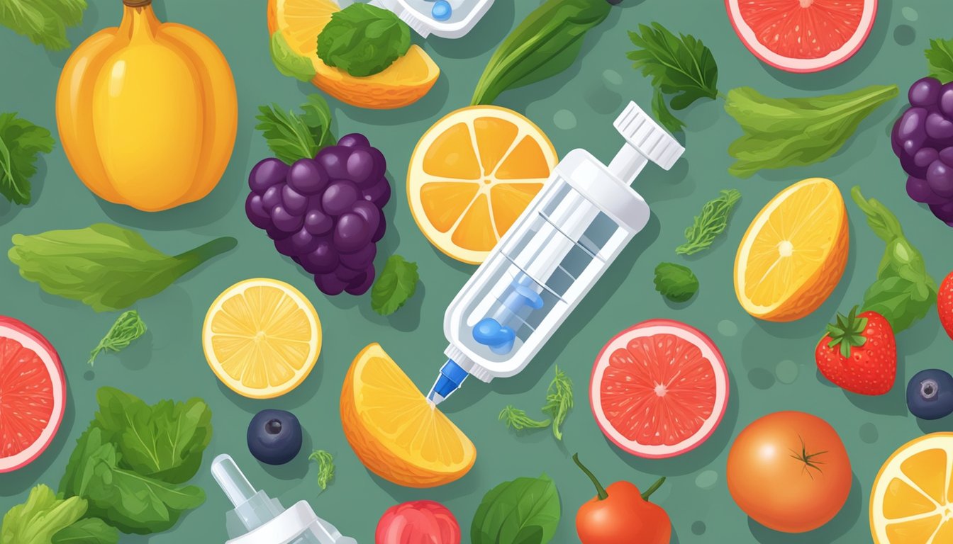 A vial of Vitamin B12 solution next to a syringe, surrounded by various fruits and vegetables