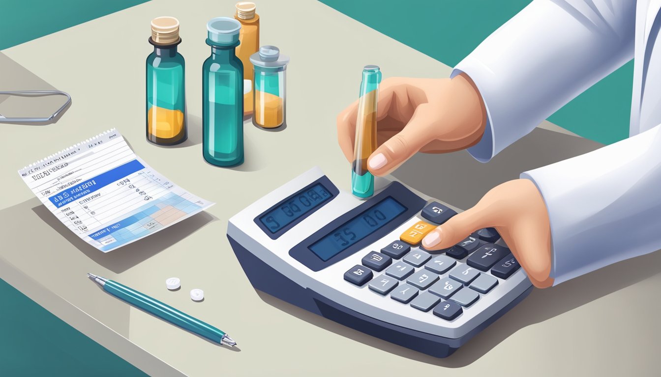 A pharmacist's hand holding a vial of weight loss injections, with a price tag and a calculator on the counter